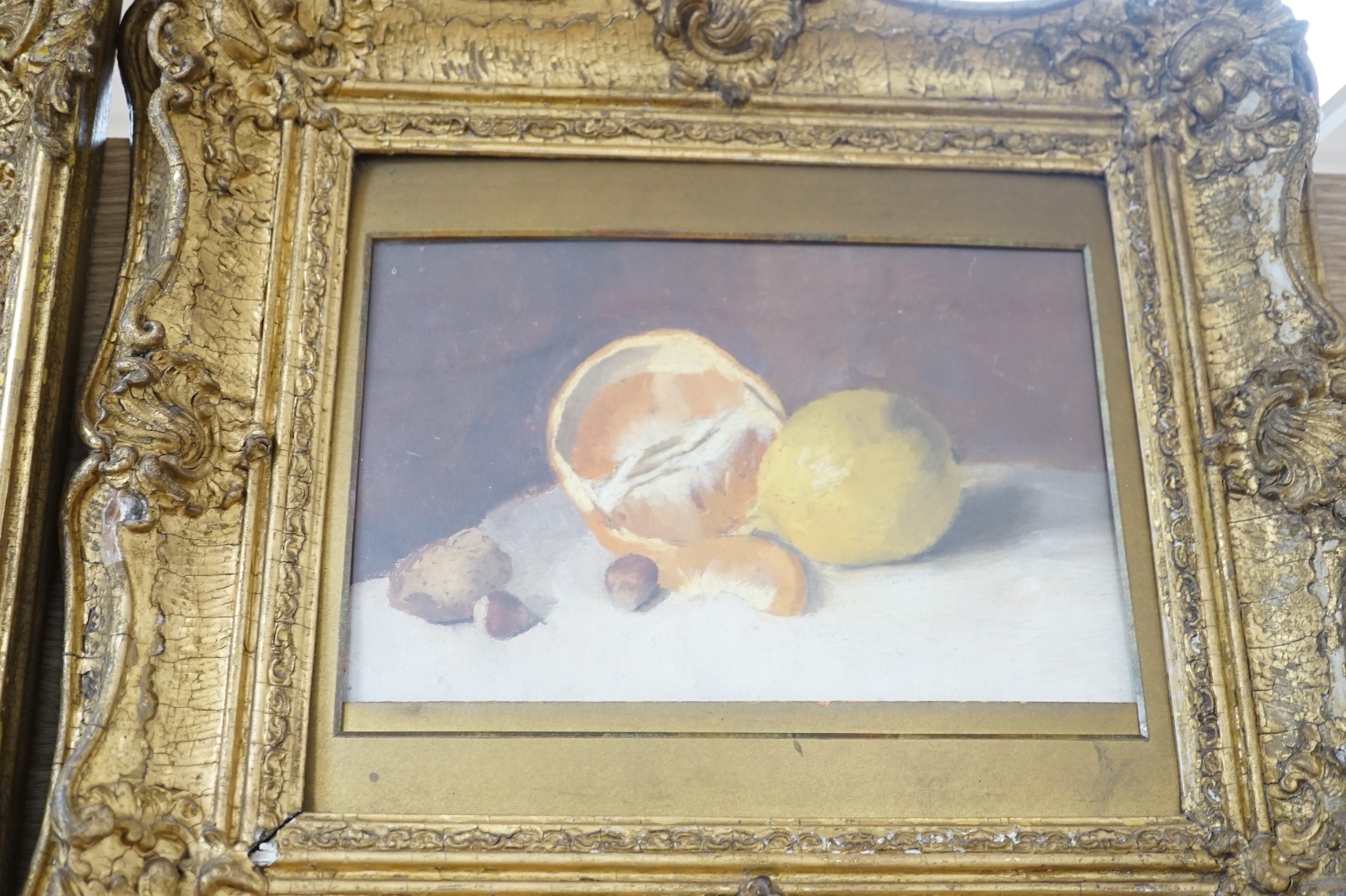 Victorian School, oil on canvas, Still life of fish upon a riverbank, 29 x 42cm, and a later oil sketch of fruit
